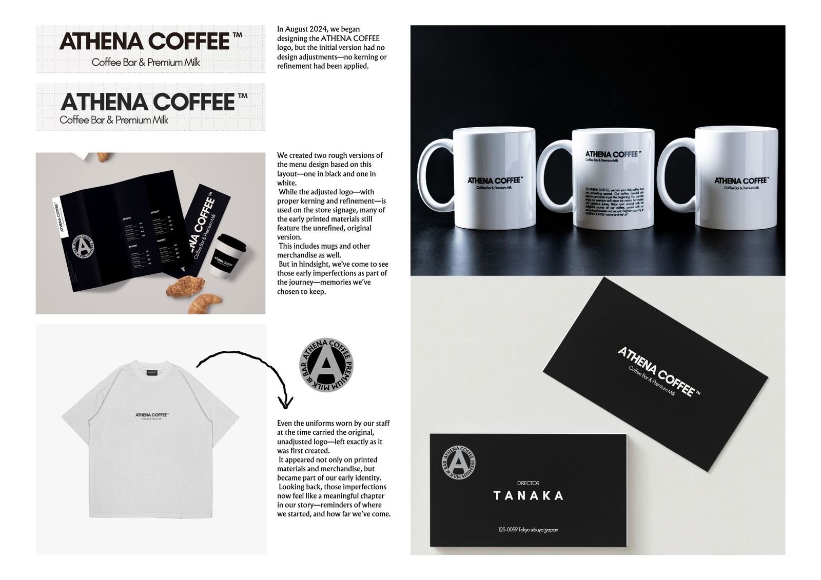 Logo evolution — initial vs. adjusted, mugs, business card