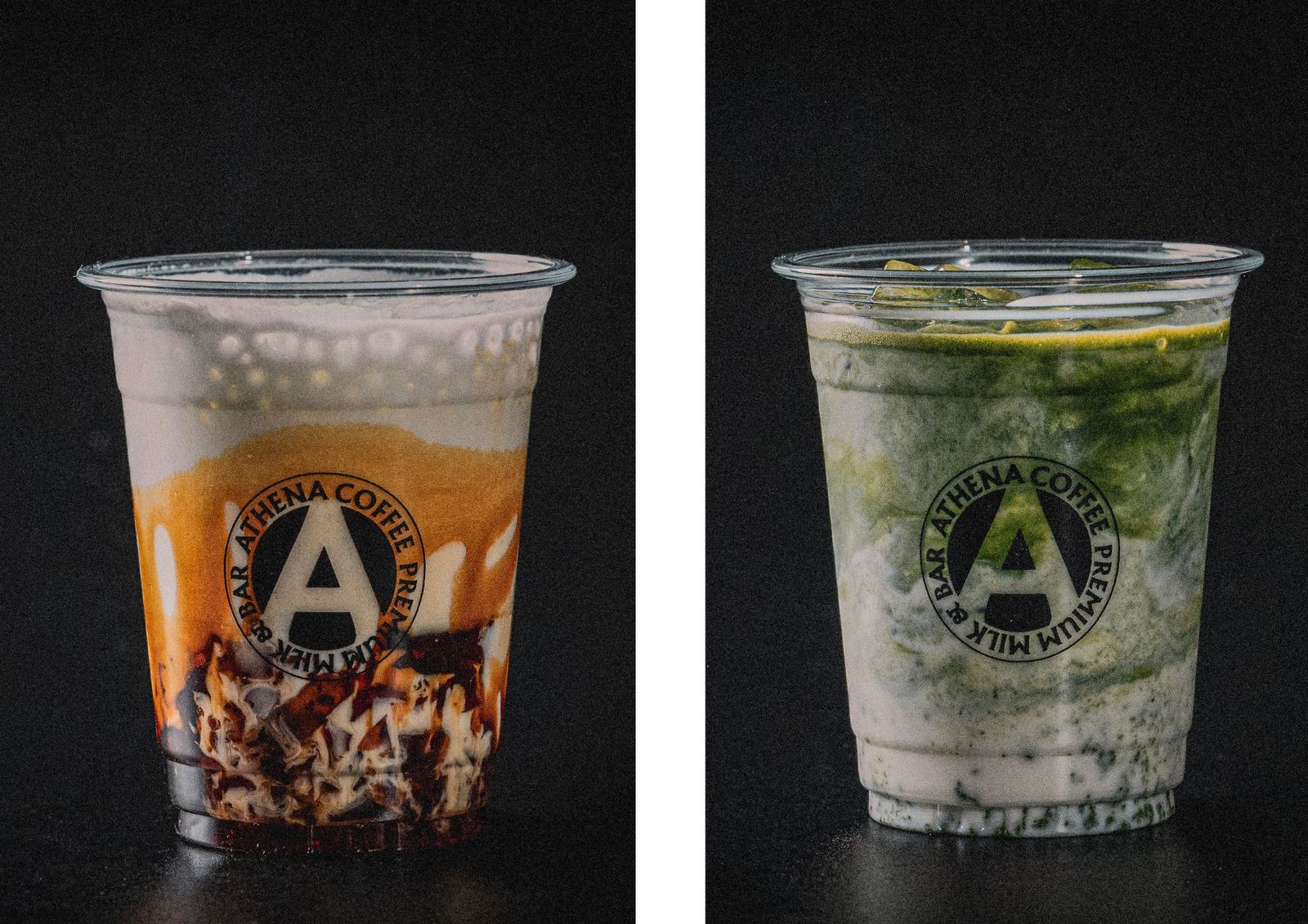 Caramel and matcha specialty drinks